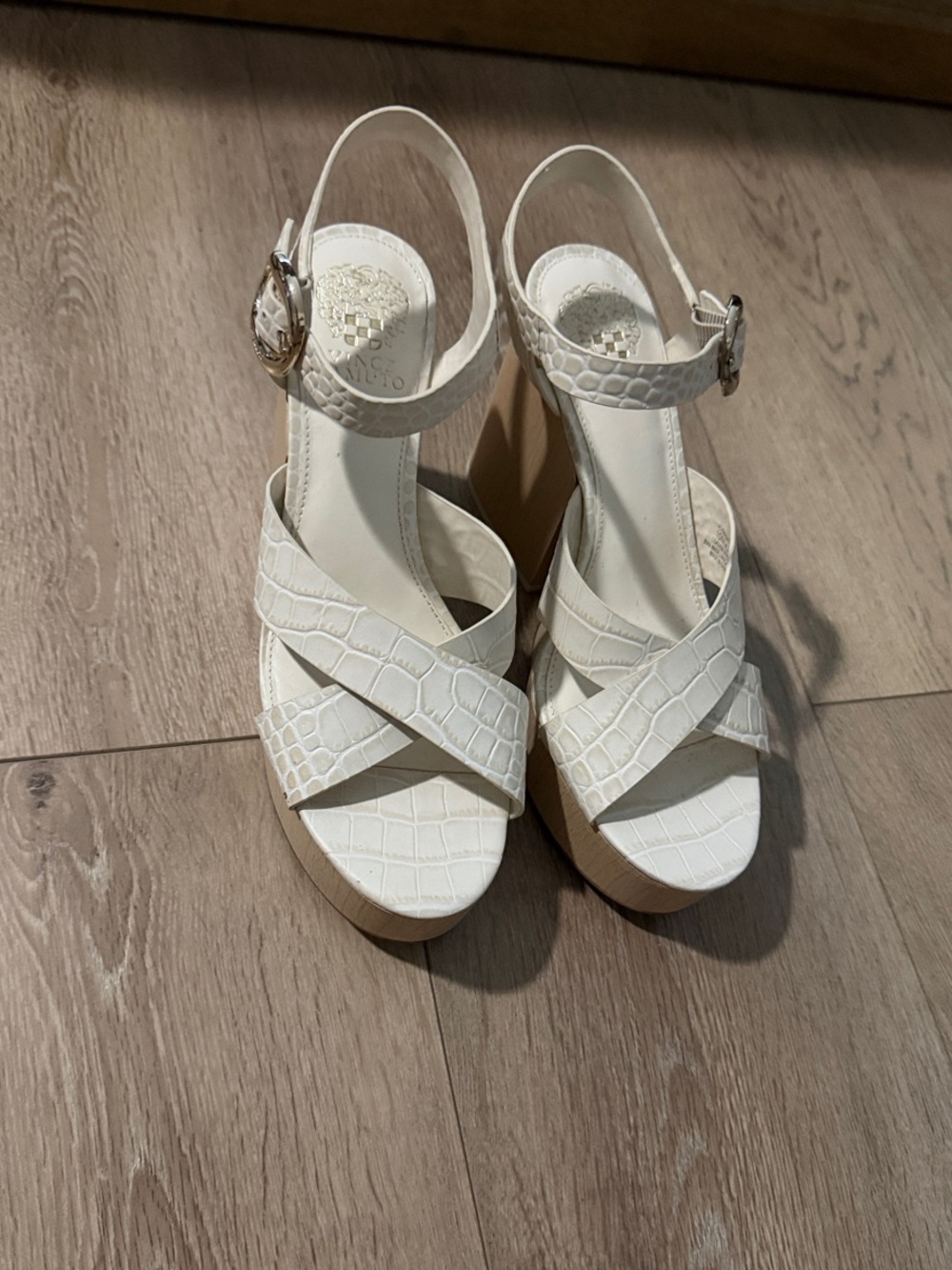 Vince Camuto White Croc-Embossed Platform Wedge Sandals
